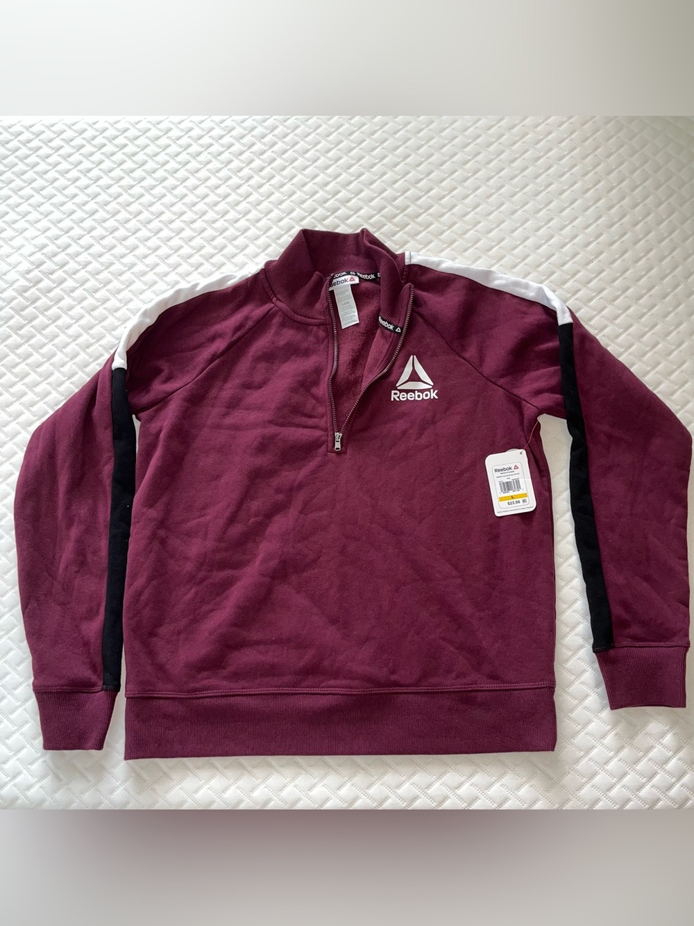 NWT Reebok Women’s Burgundy Half-Zip Sweatshirt with Black & White Stripes